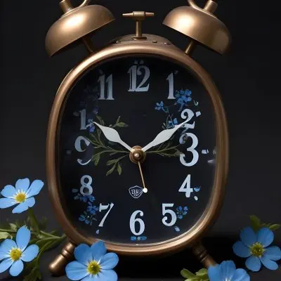 A Bronze Alarm Clock With A Black Face And White Numbers Accompanied By Small Blue Flowers Set Against A Black Background 5 773b