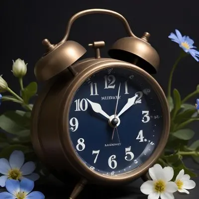 A Bronze Alarm Clock With A Black Face And White Numbers Accompanied By Small Blue Flowers Set Against A Black Background 6 2c1b