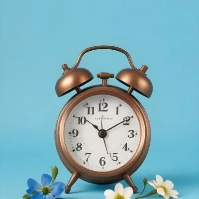 A Bronze Alarm Clock With A Black Face And White Numbers Accompanied By Small Blue Flowers Set Against A Black Background 8 8303