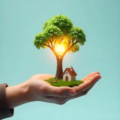 A Brown Hand Holding A Light Bulb With A Tree A House And Grass Inside The Background Is A Light Blue Sky 34 Ff51