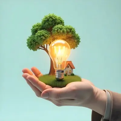 A Brown Hand Holding A Light Bulb With A Tree A House And Grass Inside The Background Is A Light Blue Sky 41 Fd7d