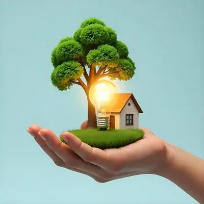 A Brown Hand Holding A Light Bulb With A Tree A House And Grass Inside The Background Is A Light Blue Sky 43 35dd