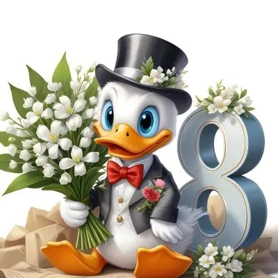 A Cartoon Penguin Wearing A Black Top Hat And Bow Tie Holding A Bouquet Of White Flowers Sitting Next To The Number 88 1 79aa