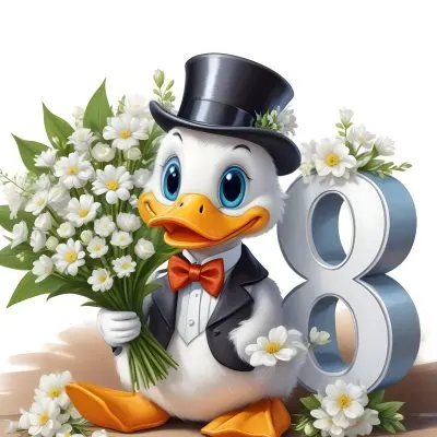 A Cartoon Penguin Wearing A Black Top Hat And Bow Tie Holding A Bouquet Of White Flowers Sitting Next To The Number 88 2 3e82