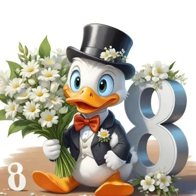 A Cartoon Penguin Wearing A Black Top Hat And Bow Tie Holding A Bouquet Of White Flowers Sitting Next To The Number 88 3 B275