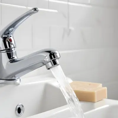 A Chrome Faucet With Water Running In A White Sink With A Soap Dish In The Background 11 34a0