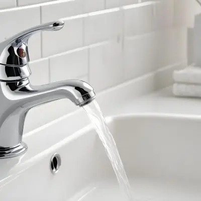 A Chrome Faucet With Water Running In A White Sink With A Soap Dish In The Background 15 2ecf