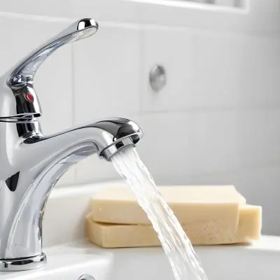 A Chrome Faucet With Water Running In A White Sink With A Soap Dish In The Background 23 A682