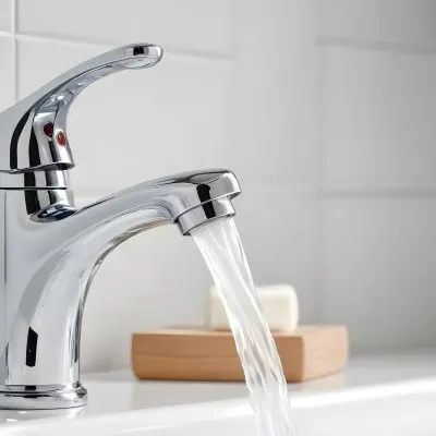 A Chrome Faucet With Water Running In A White Sink With A Soap Dish In The Background 9 Bd93