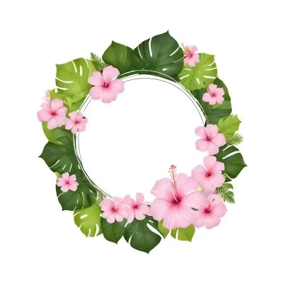 A Circle Of Pink Hibiscus Flowers And Green Monstera Leaves Green Background Botanical Illustration Floral Wreath Tropical Theme Vibrant Colors Watercolor Style Elegant Design Nature Inspired 1 358e