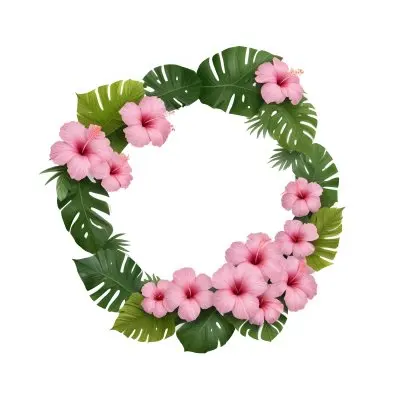 A Circle Of Pink Hibiscus Flowers And Green Monstera Leaves Green Background Botanical Illustration Floral Wreath Tropical Theme Vibrant Colors Watercolor Style Elegant Design Nature Inspired 10 A7dd