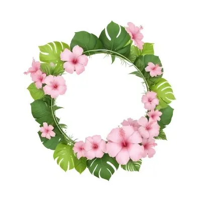 A Circle Of Pink Hibiscus Flowers And Green Monstera Leaves Green Background Botanical Illustration Floral Wreath Tropical Theme Vibrant Colors Watercolor Style Elegant Design Nature Inspired 13 8953