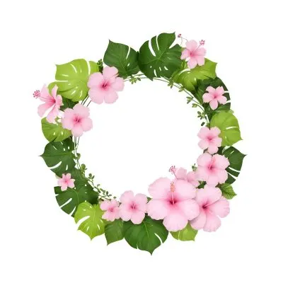 A Circle Of Pink Hibiscus Flowers And Green Monstera Leaves Green Background Botanical Illustration Floral Wreath Tropical Theme Vibrant Colors Watercolor Style Elegant Design Nature Inspired 2 A120