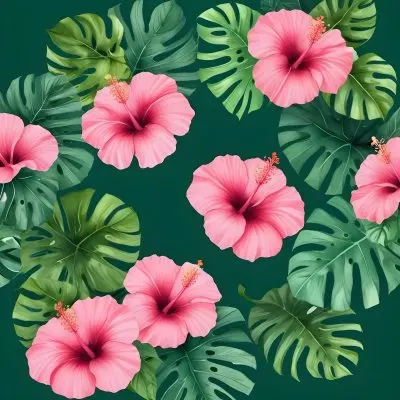 A Circle Of Pink Hibiscus Flowers And Green Monstera Leaves Green Background Botanical Illustration Floral Wreath Tropical Theme Vibrant Colors Watercolor Style Elegant Design Nature Inspired 24 C41f