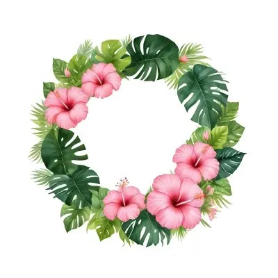 A Circle Of Pink Hibiscus Flowers And Green Monstera Leaves Green Background Botanical Illustration Floral Wreath Tropical Theme Vibrant Colors Watercolor Style Elegant Design Nature Inspired 27 A671