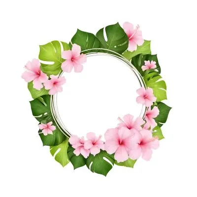 A Circle Of Pink Hibiscus Flowers And Green Monstera Leaves Green Background Botanical Illustration Floral Wreath Tropical Theme Vibrant Colors Watercolor Style Elegant Design Nature Inspired 34 B11c