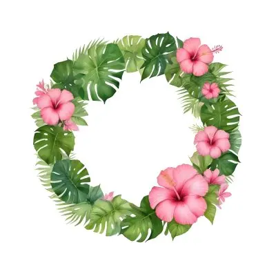A Circle Of Pink Hibiscus Flowers And Green Monstera Leaves Green Background Botanical Illustration Floral Wreath Tropical Theme Vibrant Colors Watercolor Style Elegant Design Nature Inspired 47 Ff89