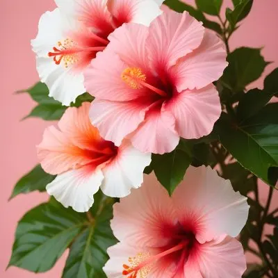 A Close Up Of Two Pink And White Hibiscus