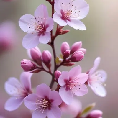 A Close Up View Of A Flowering Plant With Delicate Pink And Purple Blossoms Against A Blurred Light Background 1 3601