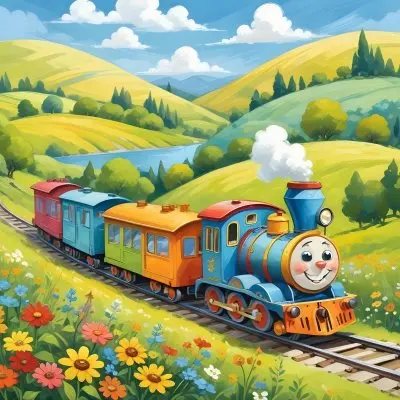 A Colorful Cartoon Train With A Smiling Face Traveling Through A Lush Hilly Landscape With Green Meadows Pine Trees And A Winding Road The Sky Is Blue With Fluffy White Clouds 10 2fc5