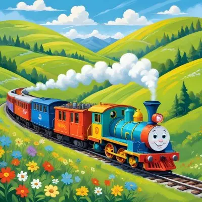 A Colorful Cartoon Train With A Smiling Face Traveling Through A Lush Hilly Landscape With Green Meadows Pine Trees And A Winding Road The Sky Is Blue With Fluffy White Clouds 22 2c6e