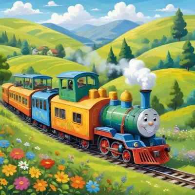 A Colorful Cartoon Train With A Smiling Face Traveling Through A Lush Hilly Landscape With Green Meadows Pine Trees And A Winding Road The Sky Is Blue With Fluffy White Clouds 24 D751