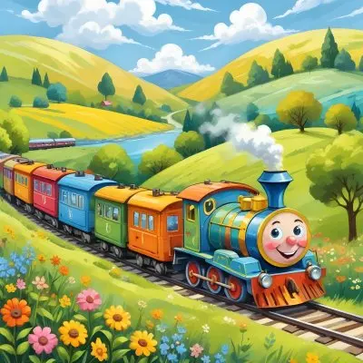 A Colorful Cartoon Train With A Smiling Face Traveling Through A Lush Hilly Landscape With Green Meadows Pine Trees And A Winding Road The Sky Is Blue With Fluffy White Clouds 26 Ce45