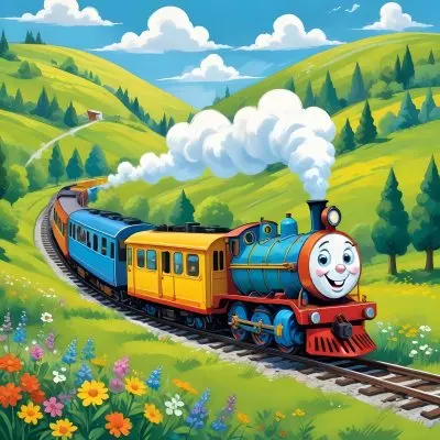 A Colorful Cartoon Train With A Smiling Face Traveling Through A Lush Hilly Landscape With Green Meadows Pine Trees And A Winding Road The Sky Is Blue With Fluffy White Clouds 27 E56f