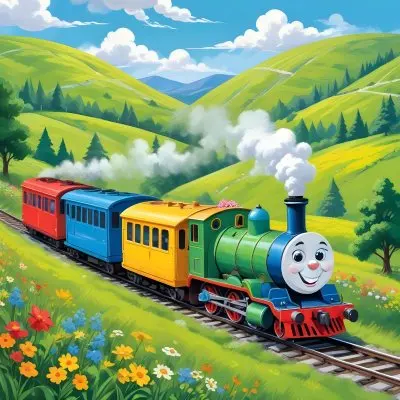 A Colorful Cartoon Train With A Smiling Face Traveling Through A Lush Hilly Landscape With Green Meadows Pine Trees And A Winding Road The Sky Is Blue With Fluffy White Clouds 31 Dc0b