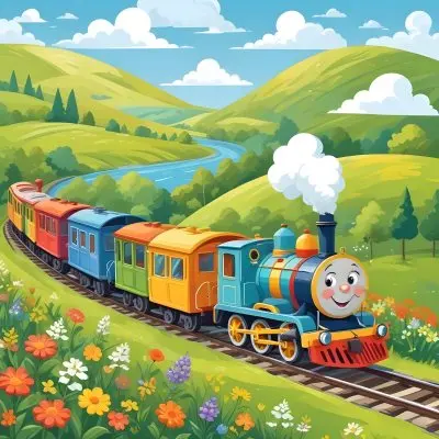 A Colorful Cartoon Train With A Smiling Face Traveling Through A Lush Hilly Landscape With Green Meadows Pine Trees And A Winding Road The Sky Is Blue With Fluffy White Clouds 44 A34d