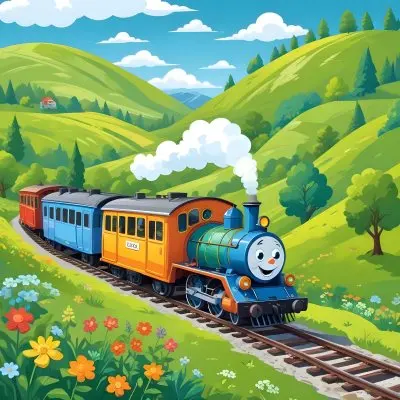 A Colorful Cartoon Train With A Smiling Face Traveling Through A Lush Hilly Landscape With Green Meadows Pine Trees And A Winding Road The Sky Is Blue With Fluffy White Clouds 50 9a8d