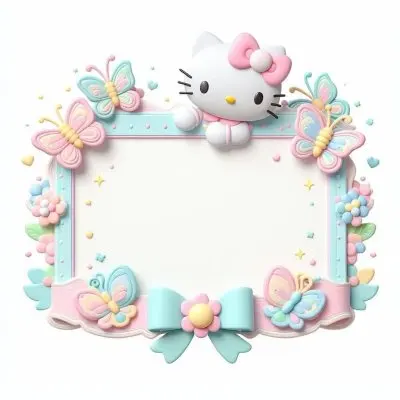 A Cute White Cat With A Pink Bow Holding A Blank Sign Surrounded By Colorful Butterflies Flowers And Pastel Decorations 1 Edb2