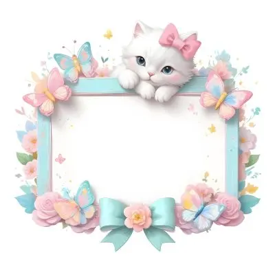 A Cute White Cat With A Pink Bow Holding A Blank Sign Surrounded By Colorful Butterflies Flowers And Pastel Decorations 10 E053
