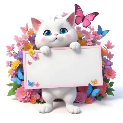 A Cute White Cat With A Pink Bow Holding A Blank Sign Surrounded By Colorful Butterflies Flowers And Pastel Decorations 100 F7a2