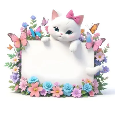 A Cute White Cat With A Pink Bow Holding A Blank Sign Surrounded By Colorful Butterflies Flowers And Pastel Decorations 101 3552