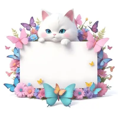 A Cute White Cat With A Pink Bow Holding A Blank Sign Surrounded By Colorful Butterflies Flowers And Pastel Decorations 102 E28d