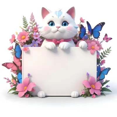 A Cute White Cat With A Pink Bow Holding A Blank Sign Surrounded By Colorful Butterflies Flowers And Pastel Decorations 103 8b6e