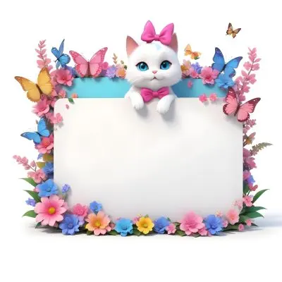 A Cute White Cat With A Pink Bow Holding A Blank Sign Surrounded By Colorful Butterflies Flowers And Pastel Decorations 104 7375