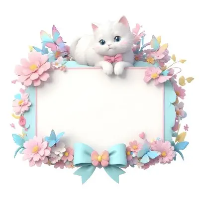 A Cute White Cat With A Pink Bow Holding A Blank Sign Surrounded By Colorful Butterflies Flowers And Pastel Decorations 105 9511