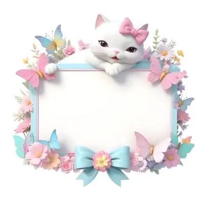 A Cute White Cat With A Pink Bow Holding A Blank Sign Surrounded By Colorful Butterflies Flowers And Pastel Decorations 106 821f