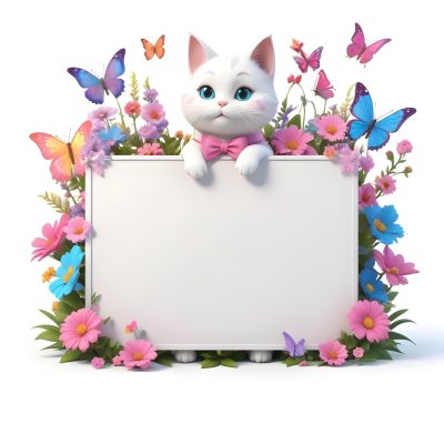 A Cute White Cat With A Pink Bow Holding A Blank Sign Surrounded By Colorful Butterflies Flowers And Pastel Decorations 107 411b