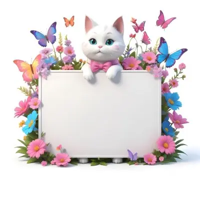 A Cute White Cat With A Pink Bow Holding A Blank Sign Surrounded By Colorful Butterflies Flowers And Pastel Decorations 107 411b