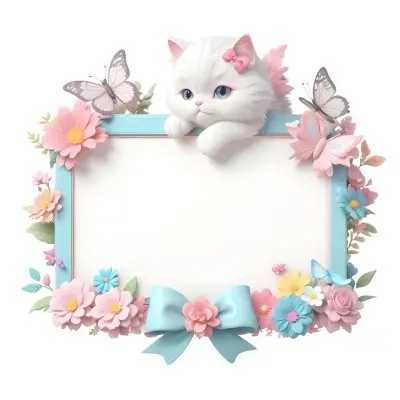 A Cute White Cat With A Pink Bow Holding A Blank Sign Surrounded By Colorful Butterflies Flowers And Pastel Decorations 108 528f