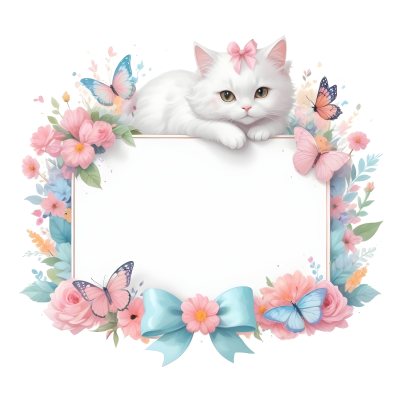 A Cute White Cat With A Pink Bow Holding A Blank Sign Surrounded By Colorful Butterflies Flowers And Pastel Decorations 11 2862