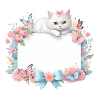 A Cute White Cat With A Pink Bow Holding A Blank Sign Surrounded By Colorful Butterflies Flowers And Pastel Decorations 11 2862
