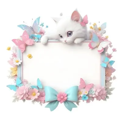 A Cute White Cat With A Pink Bow Holding A Blank Sign Surrounded By Colorful Butterflies Flowers And Pastel Decorations 110 807d