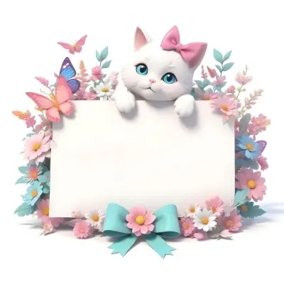 A Cute White Cat With A Pink Bow Holding A Blank Sign Surrounded By Colorful Butterflies Flowers And Pastel Decorations 111 D44b