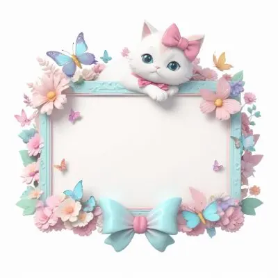 A Cute White Cat With A Pink Bow Holding A Blank Sign Surrounded By Colorful Butterflies Flowers And Pastel Decorations 112 006b