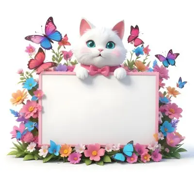 A Cute White Cat With A Pink Bow Holding A Blank Sign Surrounded By Colorful Butterflies Flowers And Pastel Decorations 113 E702