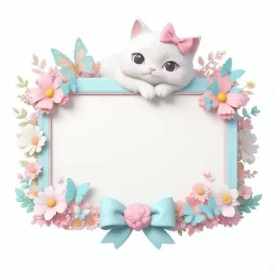 A Cute White Cat With A Pink Bow Holding A Blank Sign Surrounded By Colorful Butterflies Flowers And Pastel Decorations 114 62ff